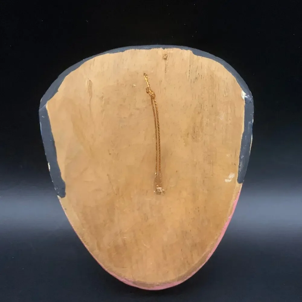 Vintage Indonesian Hand Carved Wood Pink Face Mask Wall Hanging Hand Painted